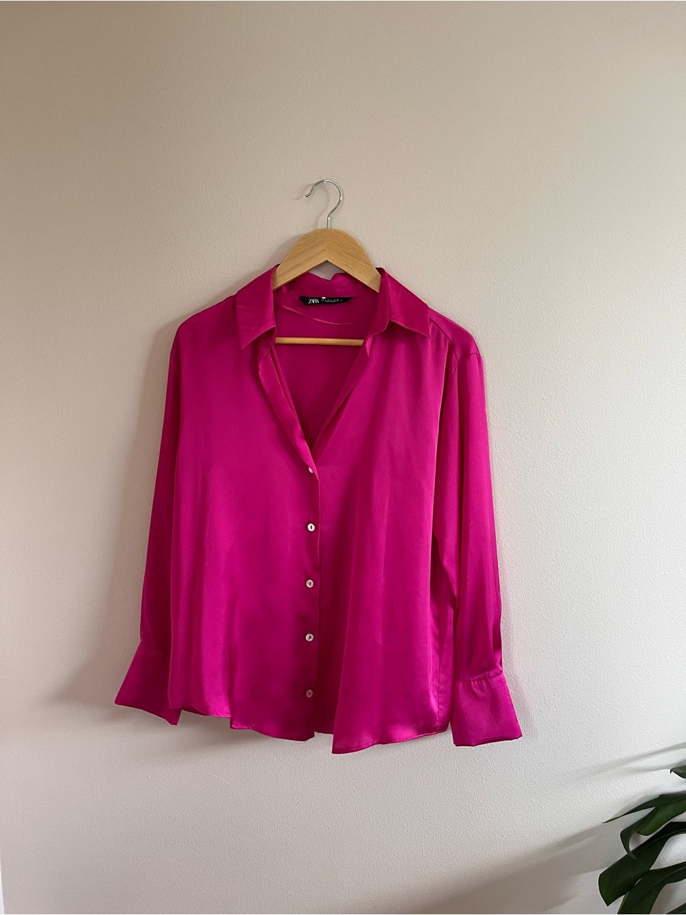 Zara Hot Pink Button-Down Satin Blouse